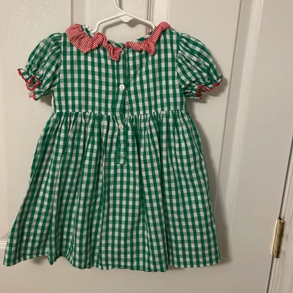 Green Gingham Apple Embroidered Short-Sleeve Dress for Girls